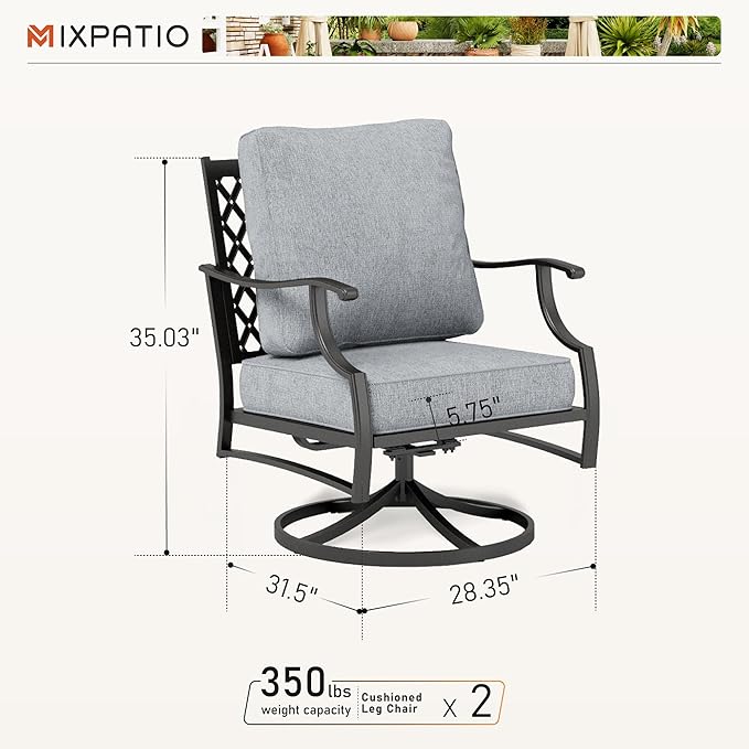 Swivel Patio Chairs Set of 2, High Back Outdoor Swivel Patio Metal Chairs with 5.75" Thick Cushions for Bistro Balcony Porch Deck and Yard, Grey
