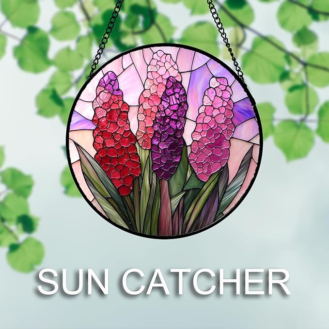 Stained Glass Window Hanging 4 Pcs Set Purple Flower Theme Large 15" - Tulip Suncatcher Door Garden Sun Catcher Decor Birthday Christmas for Plant Lovers Woman Nana Men
