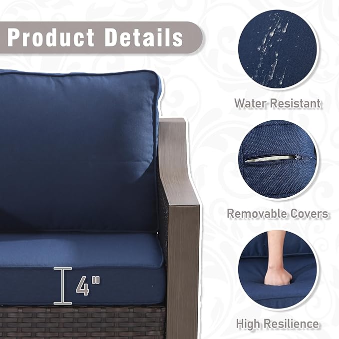 5 Piece Wicker Patio Conversation Set, All-Weather Use Outdoor 2 PE Rattan Chair, 2 Ottoman, 1 Patio Sofa, Removable Water-Resistant Cushion, Ideal for Porch, Backyard, Balcony, Poolside, Blue