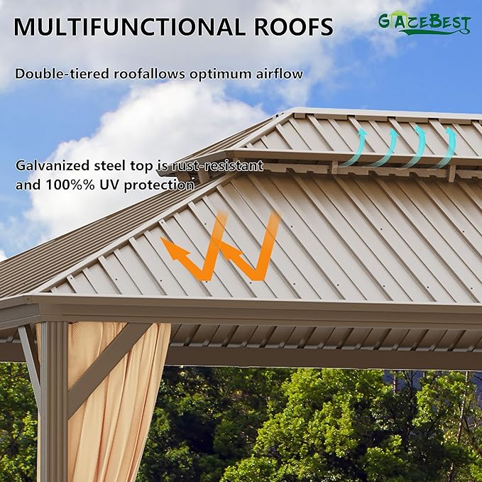 12'x16' Hardtop Gazebo Outdoor Aluminum Gazebo Double Roof Galvanized Steel Canopy with Netting and Curtains,for Garden, Backyard,Deck and Lawns