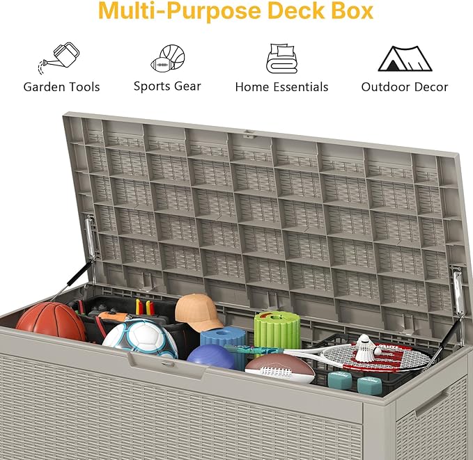 100 Gallon Deck Box Outdoor Waterproof, Rattan Outdoor Storage Box, Patio Storage Boxes for Cushions, Pillow, Garden Tools, Equipment