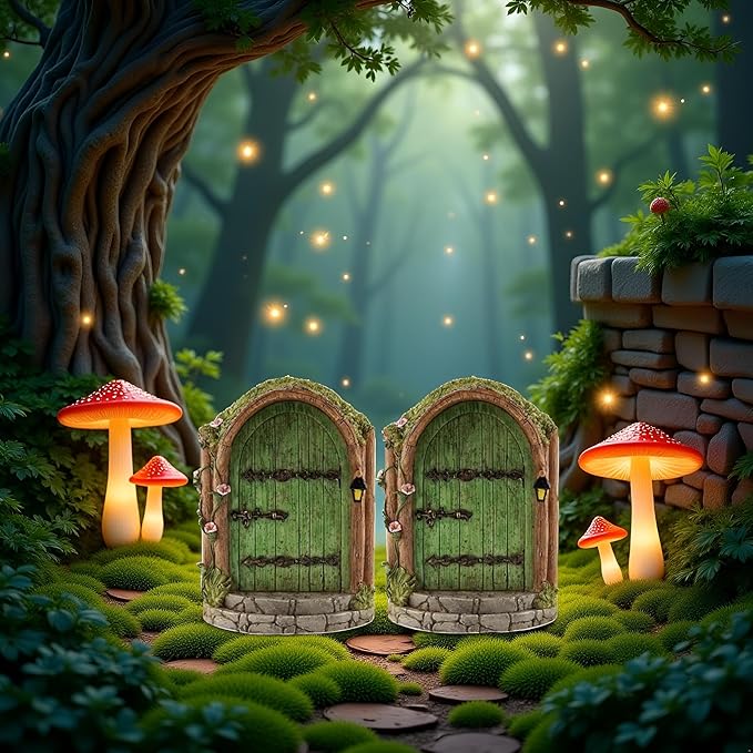 2Pcs Green Fairy Door Wooden Miniature Fairy Gardens Doors Outdoor Mini Fairy Gnome House Accessories for Tree Trunk Ornaments Garden Miniatures, Outdoor Statues,Garden Sculptures and Statues