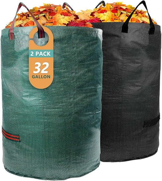 2 Pack 32 Gallon Reusable Yard Waste Bags (Green + Black), Collapsible Heavy Duty Lawn & Leaf Bags with Reinforced Handles for Leaf Collection, Yard Cleanup, Storage