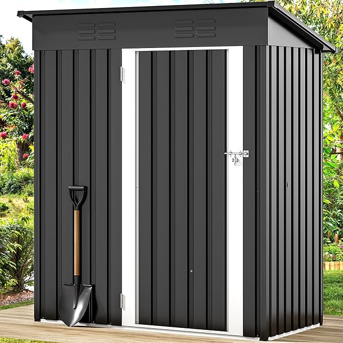 DWVO Metal Outdoor Storage Shed 5x3ft, Lockable Tool Sheds Storage with Air Vent for Garden, Patio, Lawn to Store Garbage Can, Lawnmower, Dark Gray