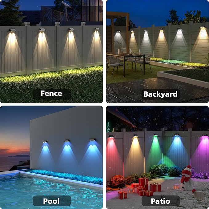 APONUO Solar Fence Lights Outdoor Waterproof, Fence Lights Solar Powered, 9 RGB Color Modes&Warm White&Cool White, Fence Solar Light Outdoor for Backyard, Patio, Wall, Yard,Deck（Black, 12 Pack）