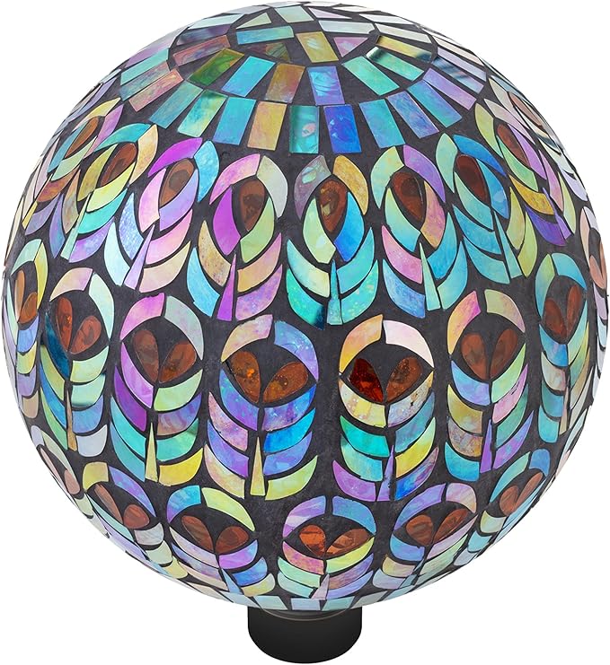 Alpine Corporation 10" Diameter Indoor/Outdoor Glass Mosaic Gazing Globe Yard Decoration, Peacock Feather Design