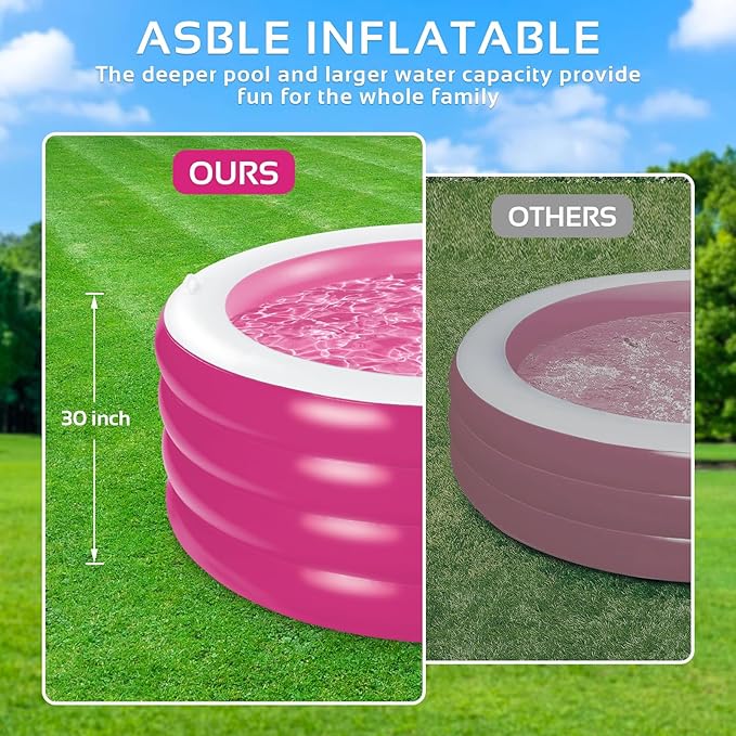 Inflatable Pool, Large Deep Round 70"x30" Family Inflatable Swimming Pool with Handles, Summer Water Party, Kids, Outdoor, Garden Backyard, Suitable for Adults & 3+ Year Olds (Pink)
