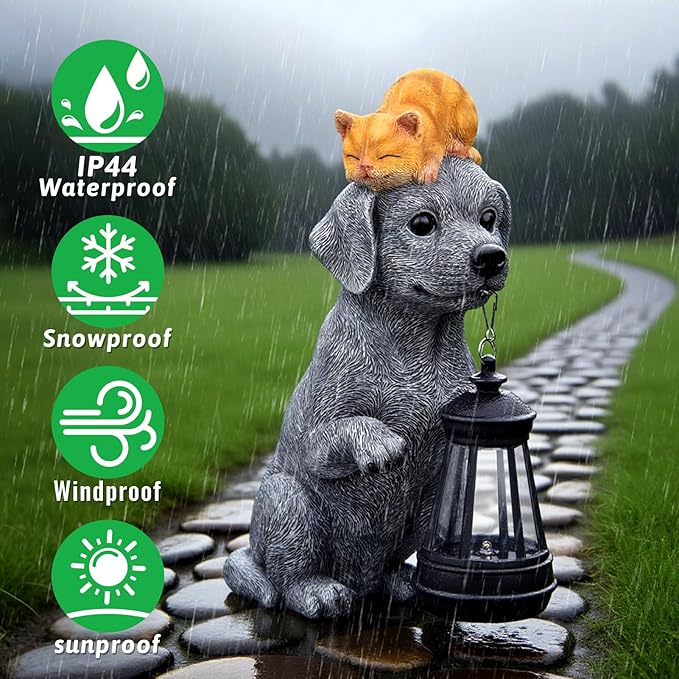 ILLUMINEW Solar Dog Garden Statue with Lantern and Sleeping Cat – Resin Pet Figurine Light for Outdoor Yard Decor, Gifts for Women, Mom, Grandma
