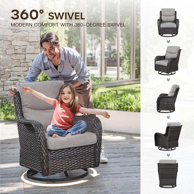 Patio Swivel Chair Set of 2, Resin Wicker Swivel Patio Glider Chairs with Smile-Shaped Cushions, High Back Luxury Swivel Patio Chairs for Outdoor, Brown Wicker|Beige Cushions