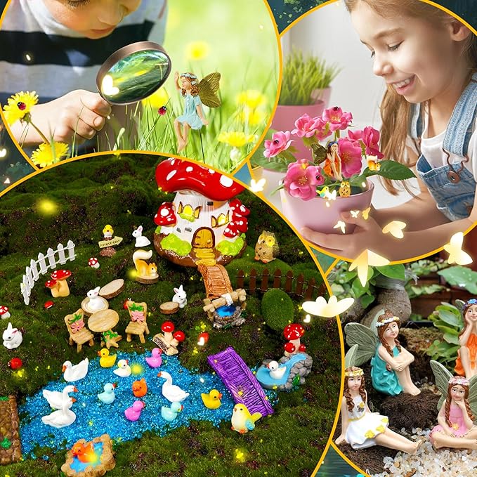 56 Pcs Fairy House Garden Kit Miniatures Fairy Garden Accessories Mini Resin Figurines Animals Decor Mushroom House Outdoor Ornaments for DIY Micro Landscape Ornament