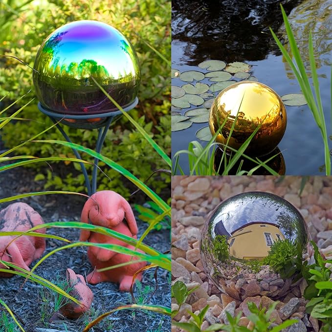 uxcell Rainbow Gazing Ball 4 Inch 100mm Reflective Sphere Polished Hollow Ball, Stainless Steel Gazing Globe Mirror Ball for Home Garden Outdoor Decoration