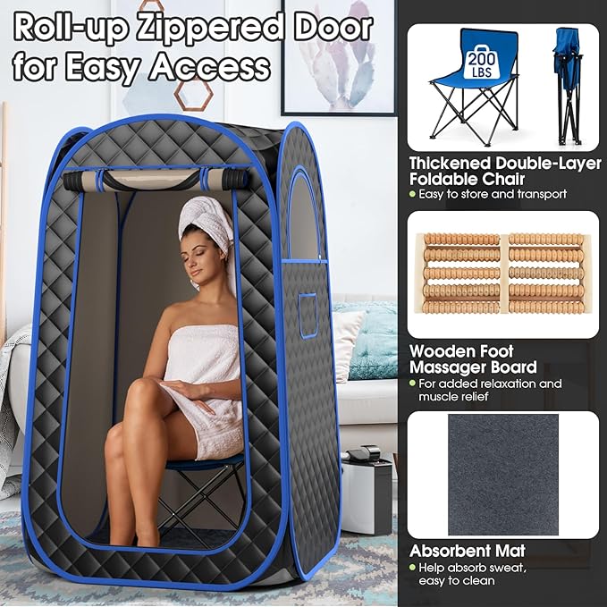 COSTWAY Portable Steam Sauna, Full-Body Personal Sauna Tent w/ 3L Steam Generator, Foldable Chair, Foot Massager, Timer, Remote Control, Indoor Pop-up Sauna Tent for Home Spa Relaxation (Black)