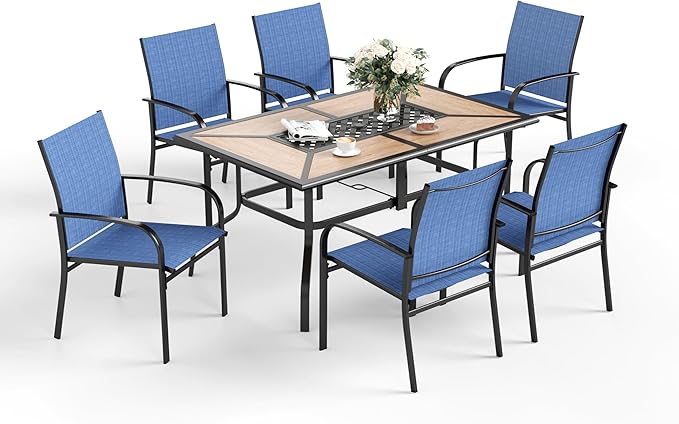 7 Pcs Patio Dining Set for 6, Metal Rectangular Dining Table (PVC Table Top) with Umbrella Hole and 6 Chairs, Outdoor Dining Set for Lawn Garden Deck, Blue