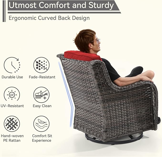 5 Piece Outdoor Patio Furniture Set Wicker Conversation Set Swivel Rocking Chairs with Side Table and Ottomans for Backyard, Porch, Deck, Red