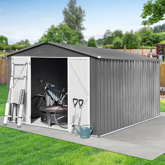 10x12 FT Metal Outdoor Storage Shed & Double Hinged Large Door - Heavy-Duty Shed with Floor, Lockable & Ventilation - Rainproof Windproof Large Utility Garden Shed for Backyard Patio Lawn - Light Gray