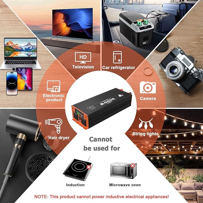 3000 Watt Power Inverter, Car/Home 12V DC to 110V AC Converter, with LED Display, Dual AC Outlets, USB Port, Dual Smart Fans, Cables Included, Suitable for Home, RV