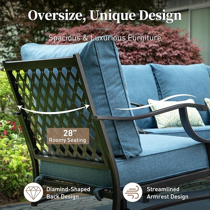 5 Piece Metal Outdoor Patio Furniture Set, Patio Conversation Sets 3-seater Sofa, 2 Rocking Chair, 2 Ottomans with 5.75" Thick Cushion, Black All-weather Frame Backyard Furniture, Navy