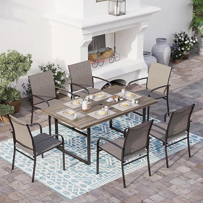 7 Piece Patio Dining Set for 6, 64” Rectangular Wood-Like Metal Table with Umbrella Hole and 6 Chairs, Outdoor Table and Chairs Set for Lawn Backyard and Deck, Brown