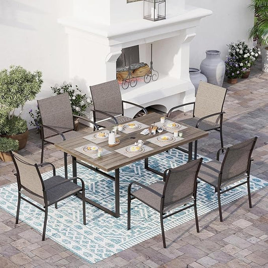 7 Piece Patio Dining Set for 6, 64” Rectangular Wood-Like Metal Table with Umbrella Hole and 6 Chairs, Outdoor Table and Chairs Set for Lawn Backyard and Deck, Brown