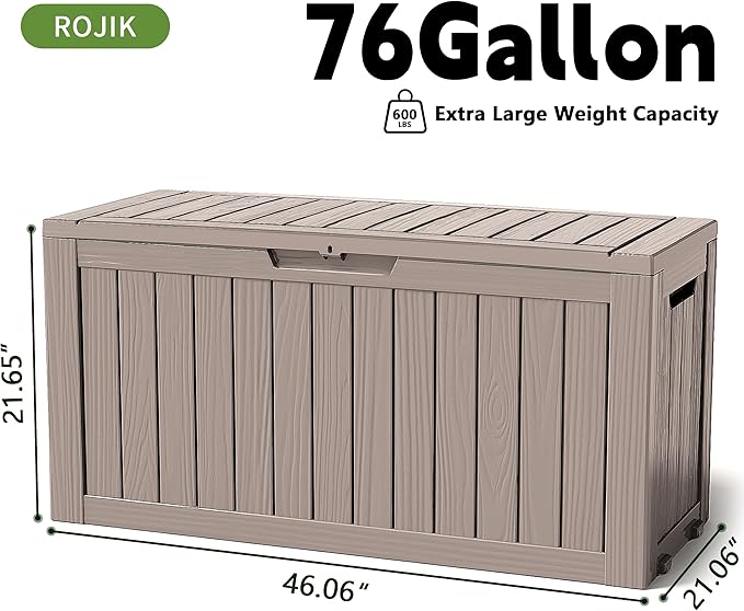 ROJIK Outdoor Storage Housing Deck Box - Waterproof Patio Furniture, Garden Tools, Cushions, Pool Accessories Storage Bench with Lockable Lid and Side Handles (Grey 76 Gal)