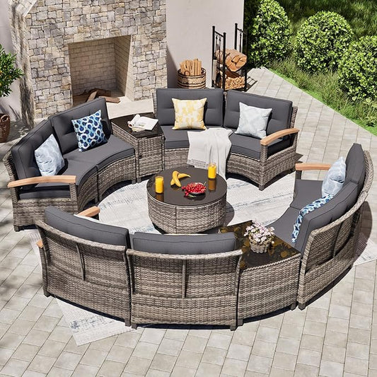 MEISSALIVVE 11 Piece Outdoor Patio Furniture Set, Half-Moon Curved Sectional Sofa Rattan Conversation Set with Wood Armrests, Coffee Table & 2 Side Table（Grey）