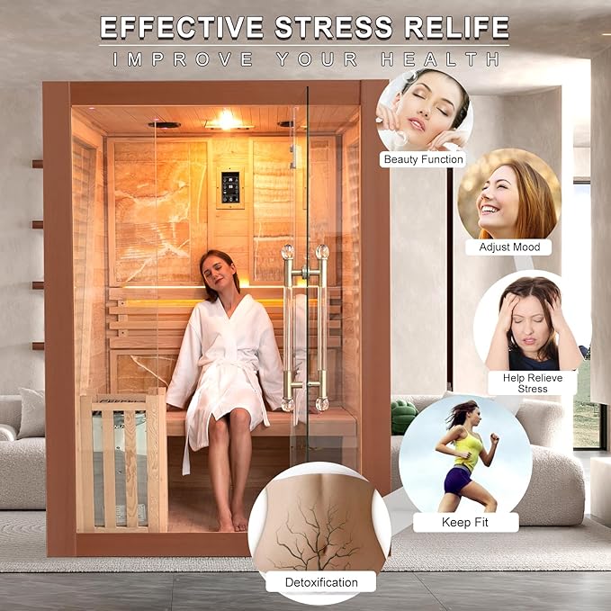 Smartmak Wood Home Steam Sauna, 2 Person Canadian Red Cedar Traditional Luxurious Wooden Indoor Spa Room, with 3 kw Heater, Bluetooth Speaker, Rocks, Water Bucket, Spoon, Lights
