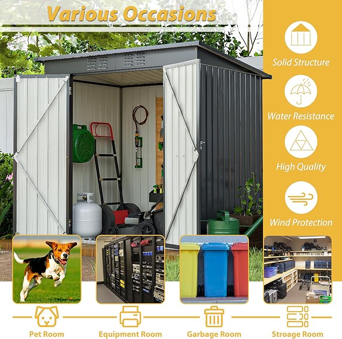 6X4 FT Outdoor Storage Shed, Waterproof Metal Garden Sheds with Lockable Door, Steel Tool Storage Buildings Shed & Outdoor Storage House for Garden, Backyard, Patio, Lawn, Trash Cans(Black)