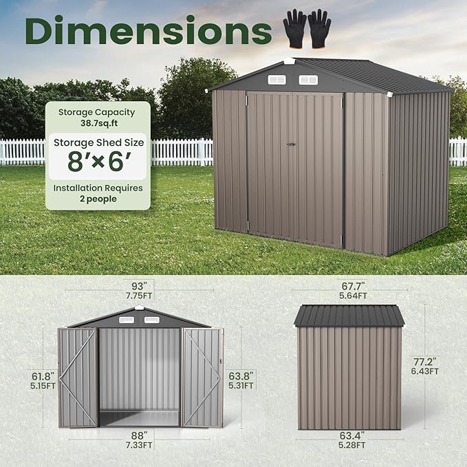 GVDV 8x6 FT Outdoor Metal Storage Shed with Floor, 7.3x5.3 FT Base Durable Garden Shed with Updated Frame Structure for Backyard, Patio, Tool Storage, All-Weather Shelter for Bike, Gardening Tools