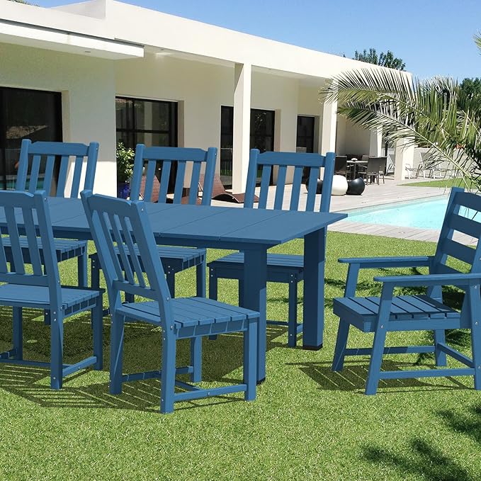 LOUNZY 9 Pieces Patio Dining Sets, Outdoor HDPE Furniture Set for 8 w/ 2" Hole Cut-Out Dining Table with 8 Patio Chairs(2 W/Armrest, 6 w/o Armrest), Navy
