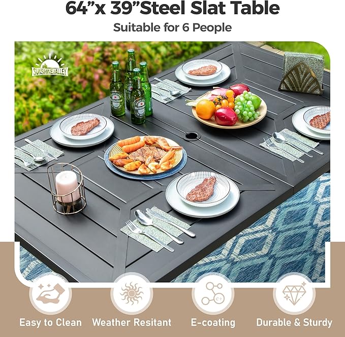 7 Pcs Patio Dining Set for 6, Rectangular Metal Dining Table with Umbrella Hole and 6 Chairs, Outdoor Table and Chairs Set for Lawn Garden Backyard and Deck, Blue