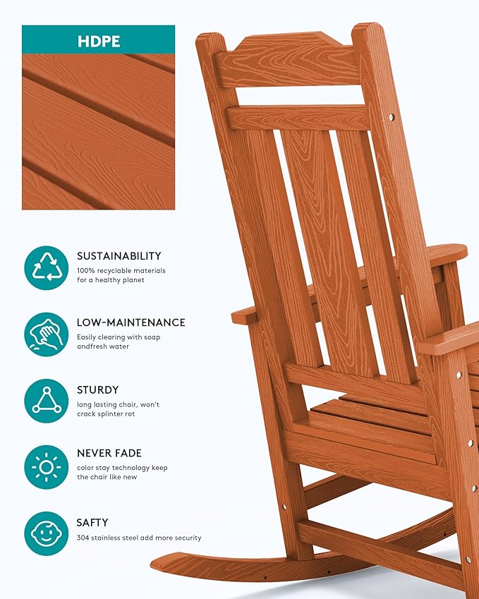 SERWALL HDPE Rocking Chair Set of 2, All Weather Patio Rocking Chair, HDPE Poly Rocking Chair for Adults, Heavy Duty Front Porch Rocker, Orange