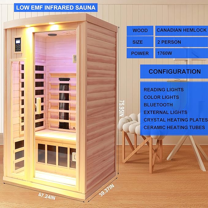Ceramic Infrared Sauna 2 Person Far Infrared Sauna Hemlock Saunas Room for Home 2 in 1 Indoor Sauna with Low EMF Heaters + Ceramic Heating Cubes-Chromotherapy-Bluetooth Speaker