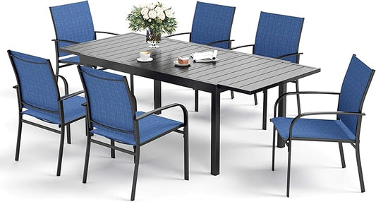 7 PCS Patio Dining Set for 6, Rectangular Extendable Dining Table with 6 Metal Chairs, Outdoor Table and Chairs Set for Lawn Garden Backyard and Deck, Blue