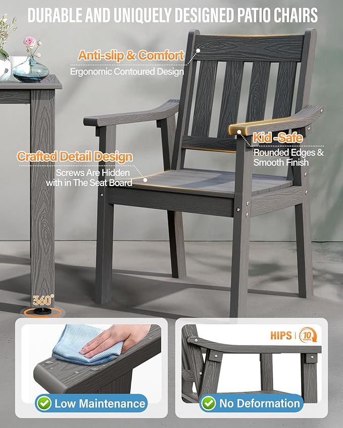 YEFU Outdoor Patio Chairs Set of 2: All Weather Outdoor Dining Chairs with Wide Curved Seat and Backrest - Plastic Patio Chairs for Outside Backyard/Garden/Pool/Porch/Deck 350lbs Capacity Grey
