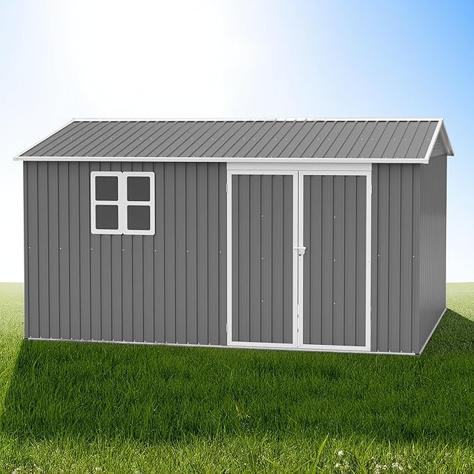 12x10 FT Outdoor Metal Storage Shed, Large Garden Tool Sheds with Lockable Doors, Waterproof Steel Utility Storage Building, Heavy Duty Equipment Shed for Backyard Patio Lawn Garden, Grey