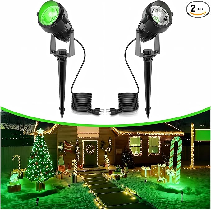 L LOHAS LED Green Spotlight Outdoor, Christmas Green Spot Lights for Yard, Auto On/Off 5W 120V Landscape Lighting for House, Holiday, Trees, Decoration, 450LM IP66 Waterproof, UL Listed, 2 Pack