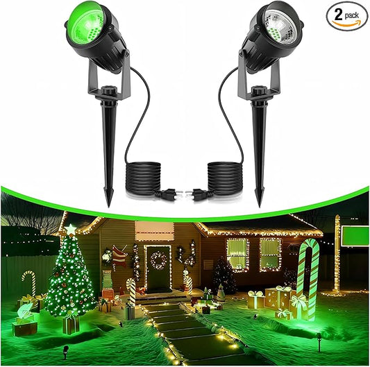 L LOHAS LED Green Spotlight Outdoor, Christmas Green Spot Lights for Yard, Auto On/Off 5W 120V Landscape Lighting for House, Holiday, Trees, Decoration, 450LM IP66 Waterproof, UL Listed, 2 Pack