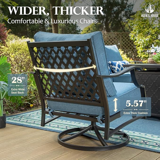HERA'S HOUSE 6 Piece Patio Furniture Set, 2 x Swivel Cushioned Chair, 2 x Cushioned Ottoman, 1 x 3-Seat Sofa with Marbling Coffee Table, Outdoor Conversation Set for Lawn Garden Backyard, Navy Blue