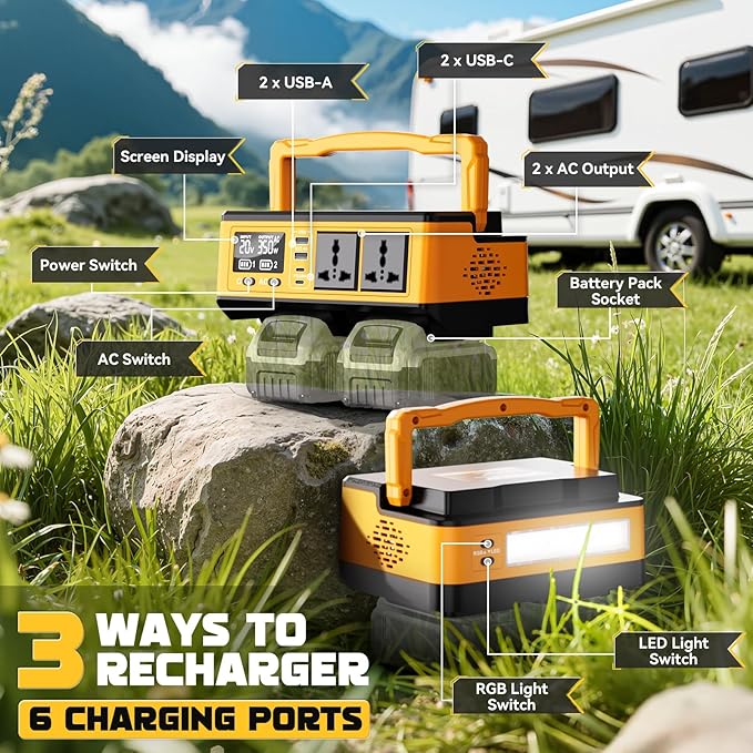 350W Power Station Compatible with Dewalt: LIVOWALNY Portable Generator DC 20V to AC 110-120V Power Inverter Battery Adapter Phone Charger 2 USB-A & 2 Type-C & 2 AC Outlet & 7 Colors RGB Light