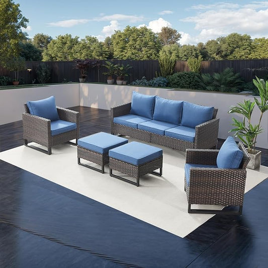 Rilyson Wicker Outdoor Patio Furniture Set - 5 Piece Patio Conversation Set with 2 Wicker Armrest Chairs,2 Rattan Ottoman and 1 Couch for Outside Porch Deck Backyard Garden(Brown/Blue)