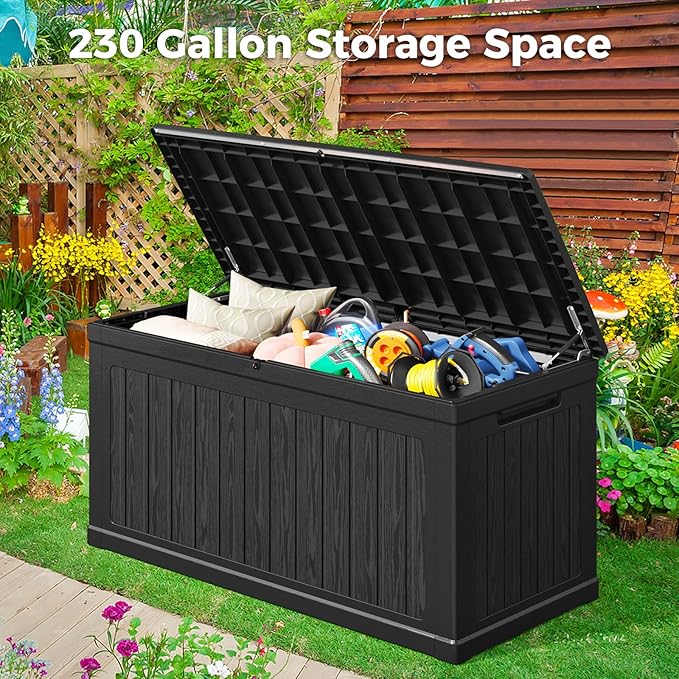 Lyromix 230 Gallon Outdoor Large Resin Storage Box, Waterproof Deck Box Lockable & UV-Resistant, Outside Cushion Storage for Patio Furniture, Garden Tools, Pool Accessories, Black