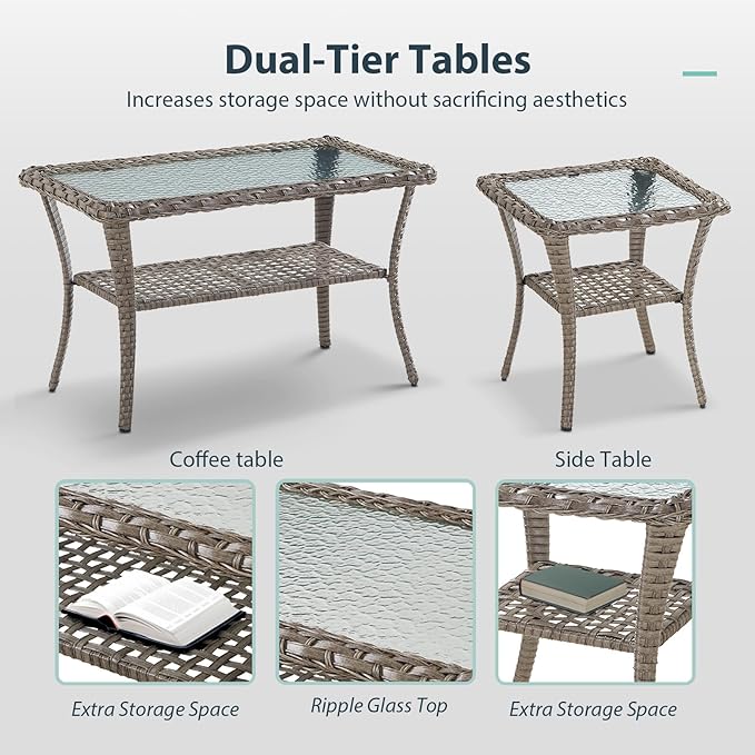 7 Piece Patio Furniture Set - Wicker Patio Conversation Set with Swivel Glider, Glider Loveseat, Tempered Glass Side Table and 2 Ottomans for Deck Backyard - Grey Wicker Grey Cushion