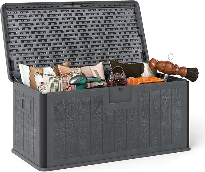 HAPPYGRILL Outdoor Storage Deck Box with Lockable Design & Gas Strut, Handle, 100 Gallon HDPE Patio Storage Organizer for Lawn Backyard Poolside (Gray)