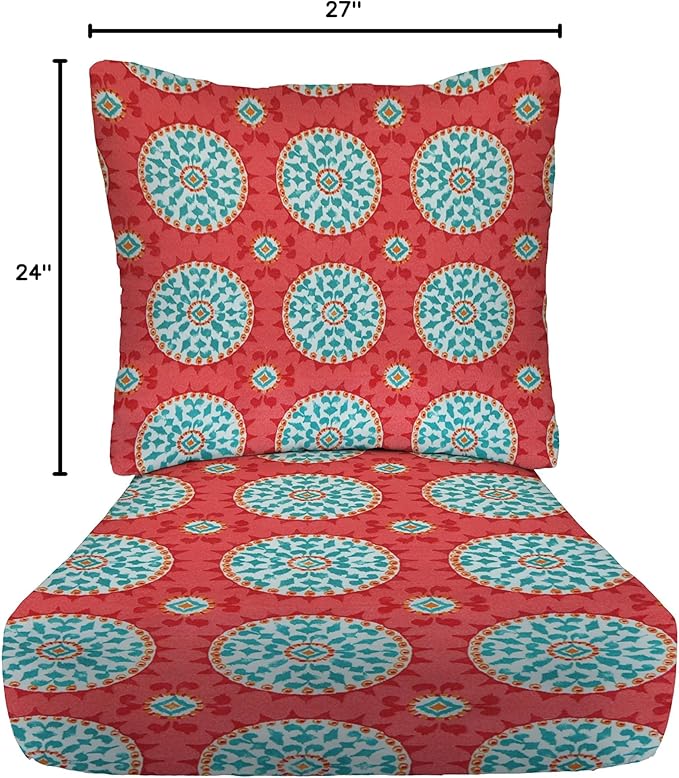 RSH DECOR: Deep Seating Cushion with Pillow Back | 24” x 27” Seat | All-Weather Spun Fabric | Water and Fade-Resistant | Outdoor Chair Cushion Set for Patio Furniture | Watermelon Sundial