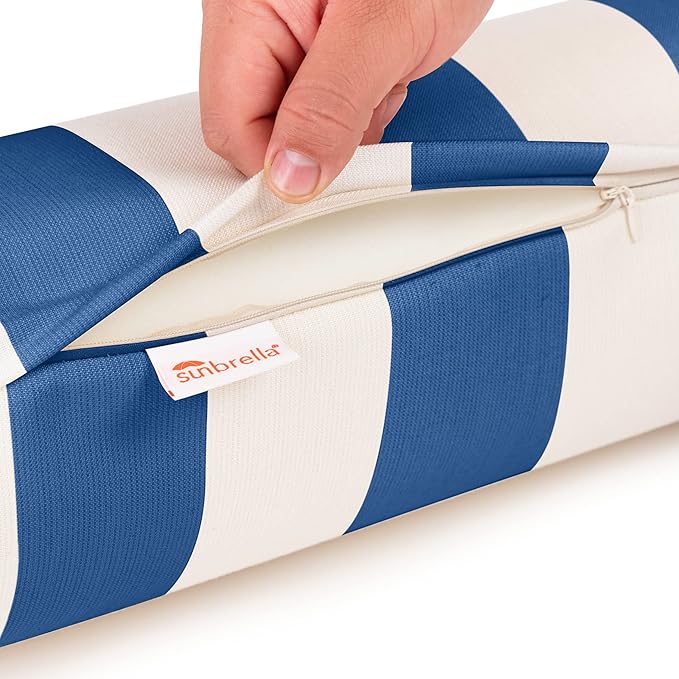 Austin Horn Classics Sunbrella Cabana Stripe White/Blue Zippered Neck Roll Bolster (Set of 2)