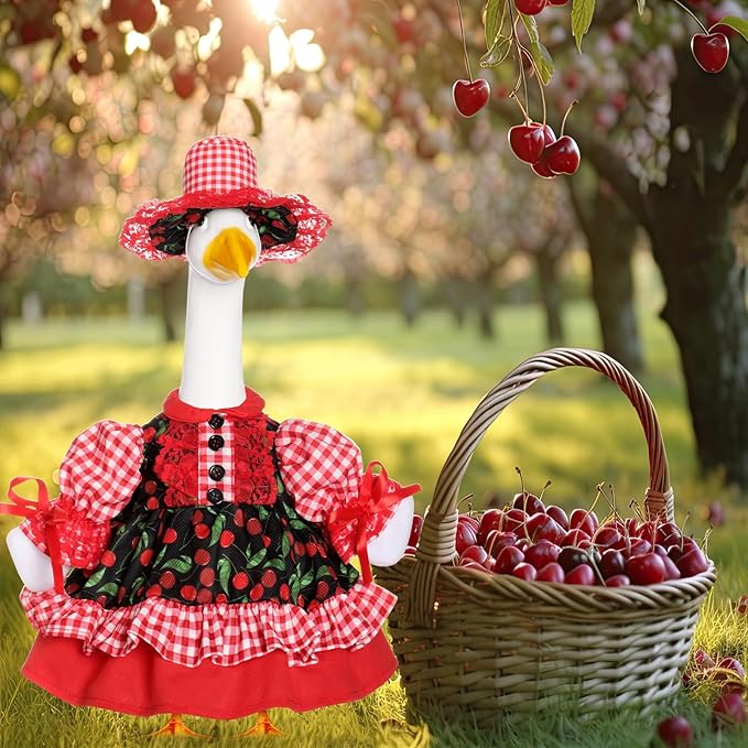 Fall Baby Goose Outfit for 17 Inch Plastic Lawn Porch Goose Statue Clothes Harvest Holiday Cherry Skirt with Hat Geese Outfit for Indoor Outdoor Patio Yard Art Decor