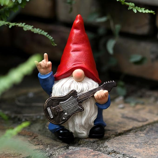 Garden Gnome with Guitar 7.1“ Figurine Ornament for Indoor Outdoor Home Patio Yard Lawn, Red Hat, Blue Outfit, Indoor Outdoor Decorative Statue