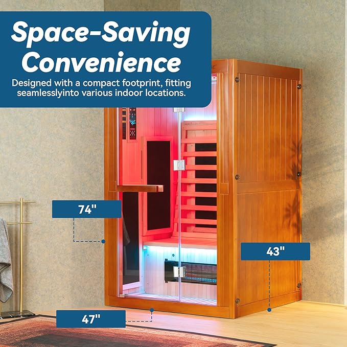 Woodbridge Infrared Home Sauna Room 2 Person Hemlock Wooden Indoor Sauna with 7 Carbon Heaters, Red Light Therapy, Bluetooth Speaker, Intelligent Control Panel, Tempered Glass & Top Vent