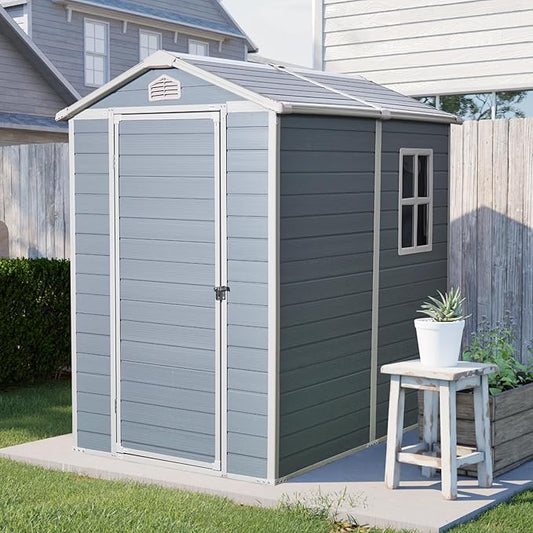 4x6 ft Outdoor Resin Storage Shed with Floor, Waterproof Plastic Garden Shed with Lockable Door and Windows, All-Weather Tool Sheds for Backyard, Patio, Lawn (Grey)