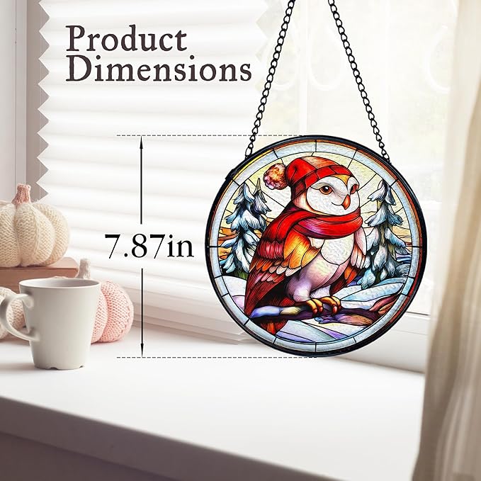 kdqua Christmas Winter Owl Suncatcher Stained Glass Window Hanging, Rustic Winter Owl Bird Sun Catchers Indoor Window Glass Round Wall Decor, Bird Wall Art Hanging Decorations Statues, 7.9x7.9in